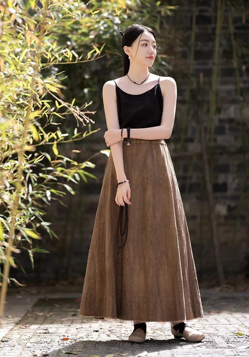 Swing Skirt Linen Maxi Skirt with Retro Pleats and Pockets-Women's Skirts-Thebesttailor-Thebesttailor