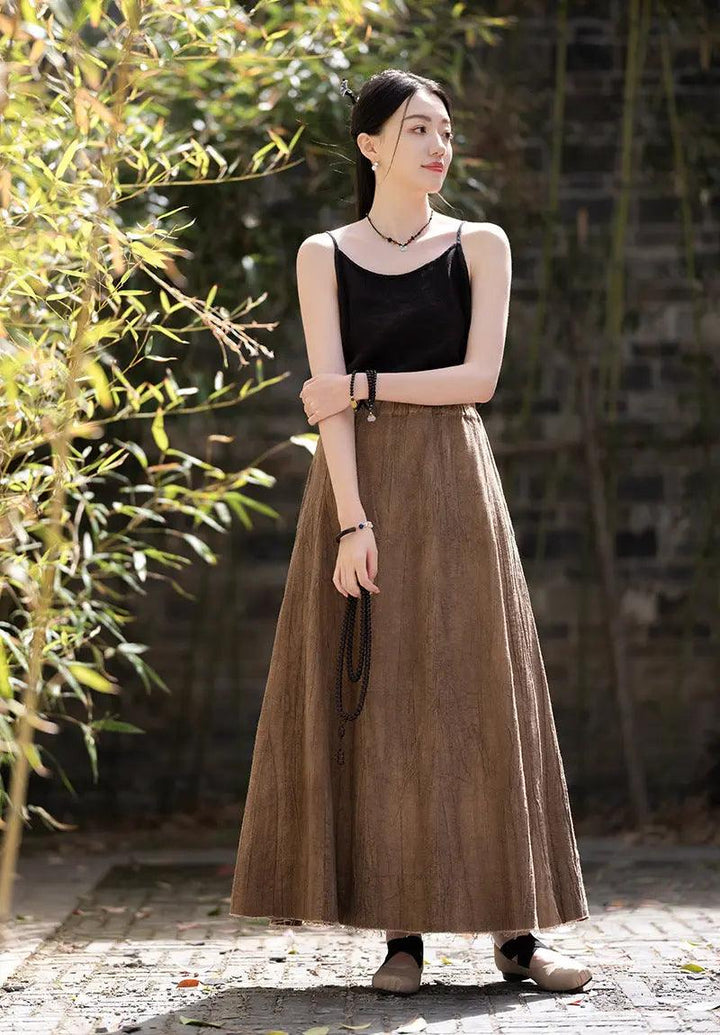 Swing Skirt Linen Maxi Skirt with Retro Pleats and Pockets-Women's Skirts-Thebesttailor-Thebesttailor