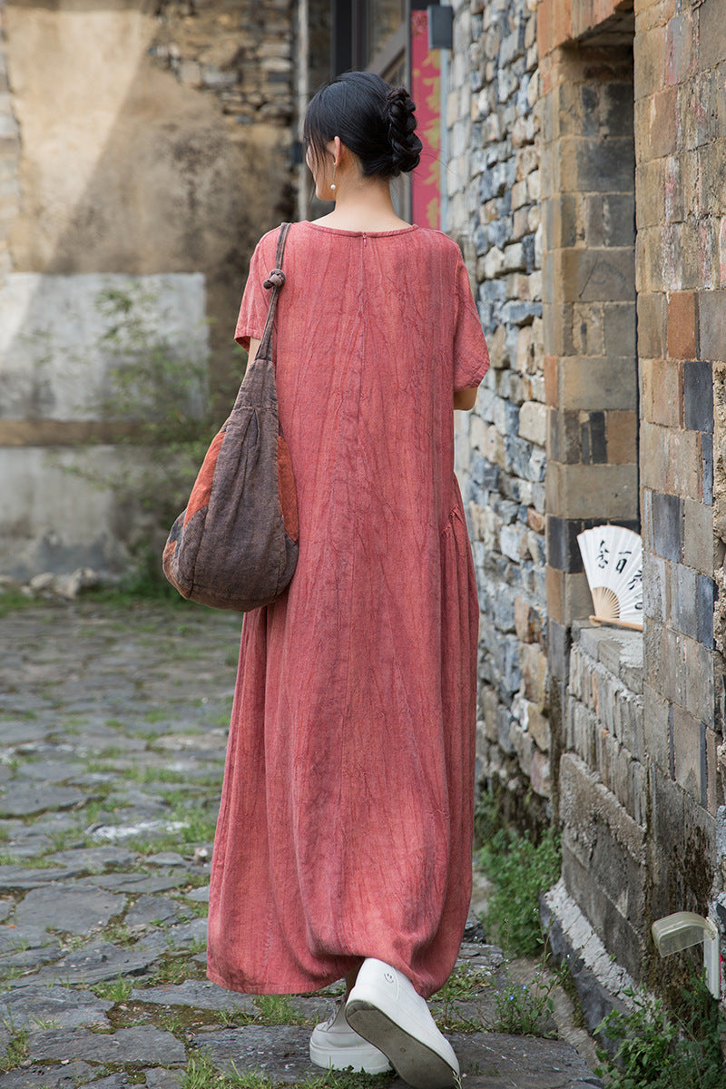 Women's Summer Linen Tie-Dye Short-Sleeved Dress for Comfort