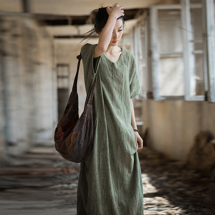 Summer Linen Tie-Dyed Fried Color V-Neck Dress for Women