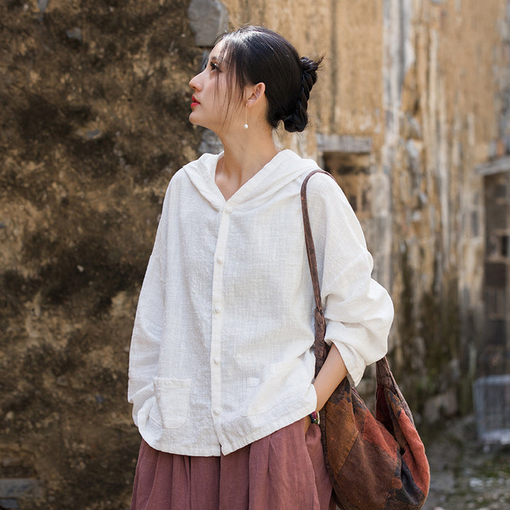 Women's Linen Sand-Washed Hooded Long-Sleeved Blouse