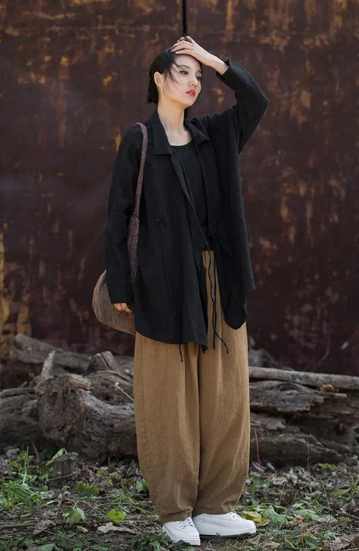 women tops Vintage Lace-up Linen Cardigan with Retro Style-Women's Shirt-Thebesttailor-Thebesttailor