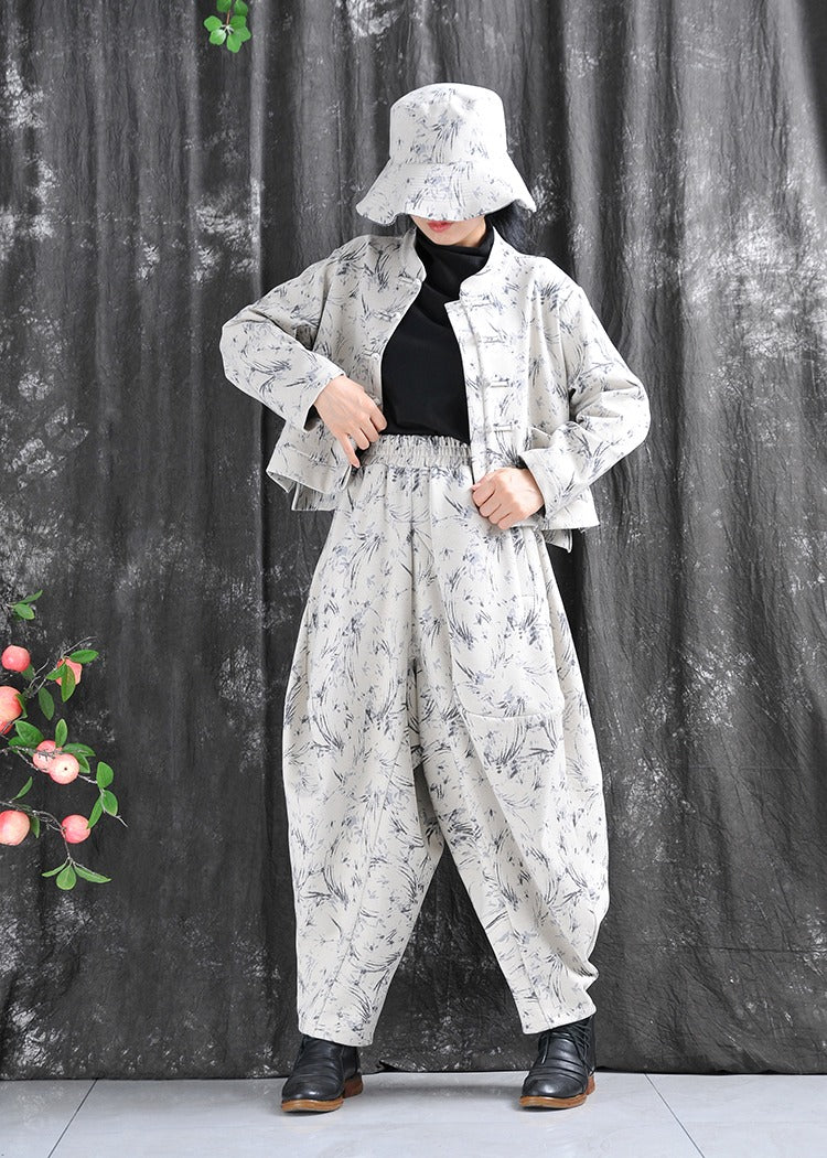 Autumn Cotton Blend Floral Top And Harem Pants Set