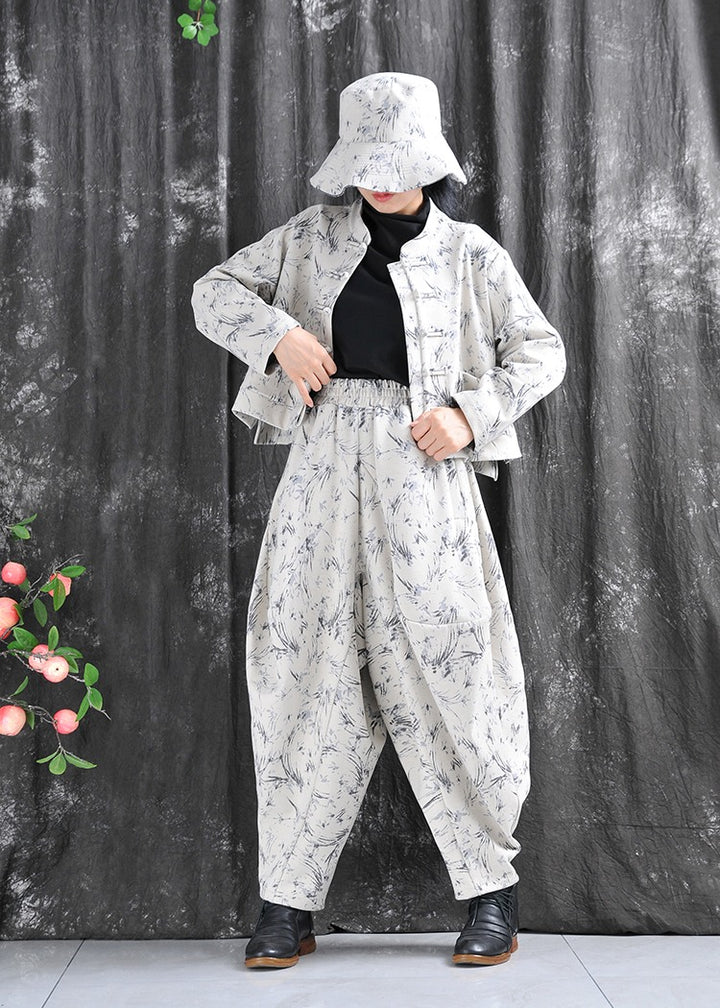 Autumn Cotton Blend Floral Top And Harem Pants Set