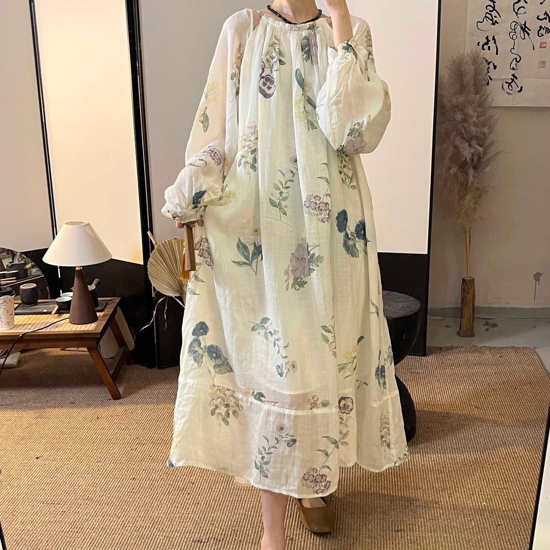 Casual Ramie Printed Long Sleeve Maxi Dress