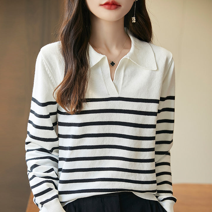 Striped Polo collar long-sleeved base knit top for women