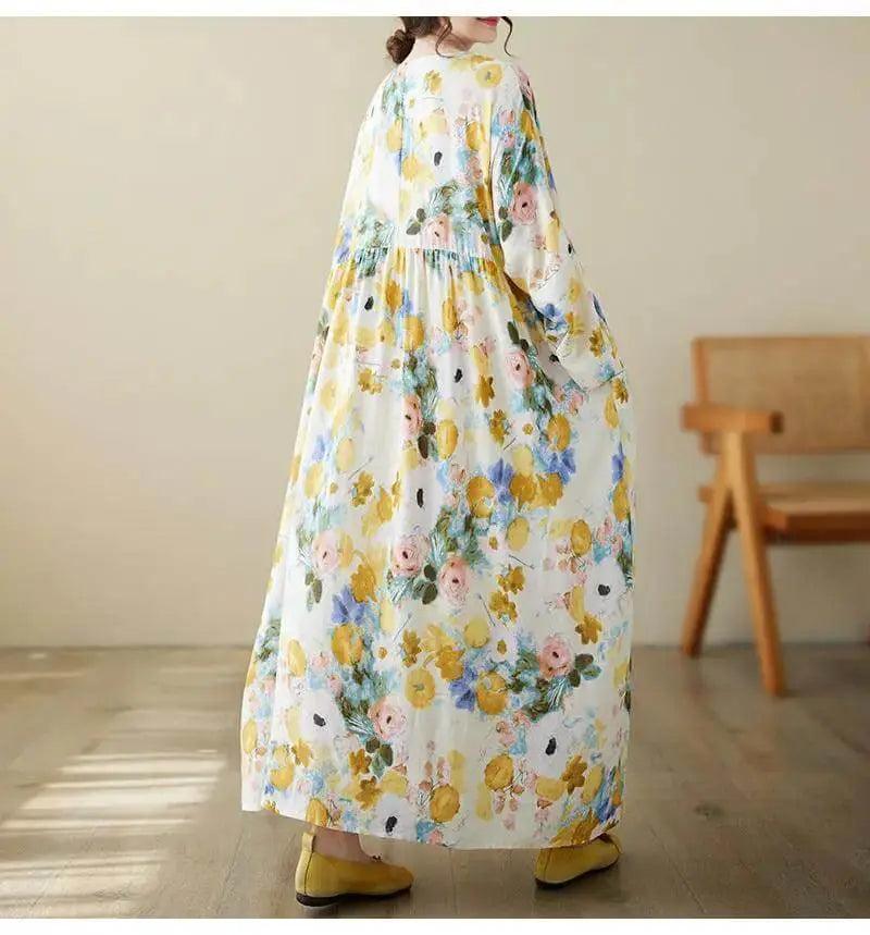 Women's Loose Fit Bohemian Yellow Floral Summer Cotton Dress-Women's dress-Thebesttailor-Thebesttailor