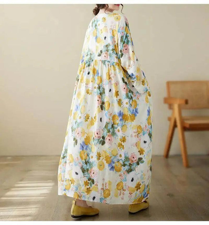 Women's Loose Fit Bohemian Yellow Floral Summer Cotton Dress-Women's dress-Thebesttailor-Thebesttailor