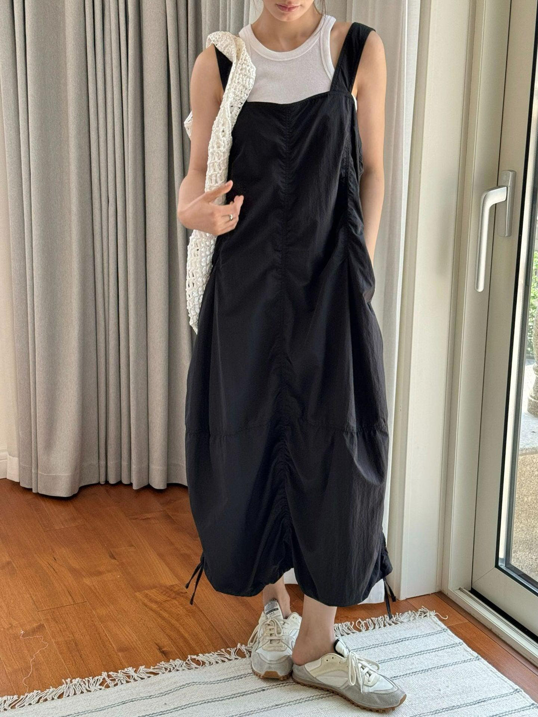 Summer casual drawstring pleated overalls dress workwear dress Thebesttailor