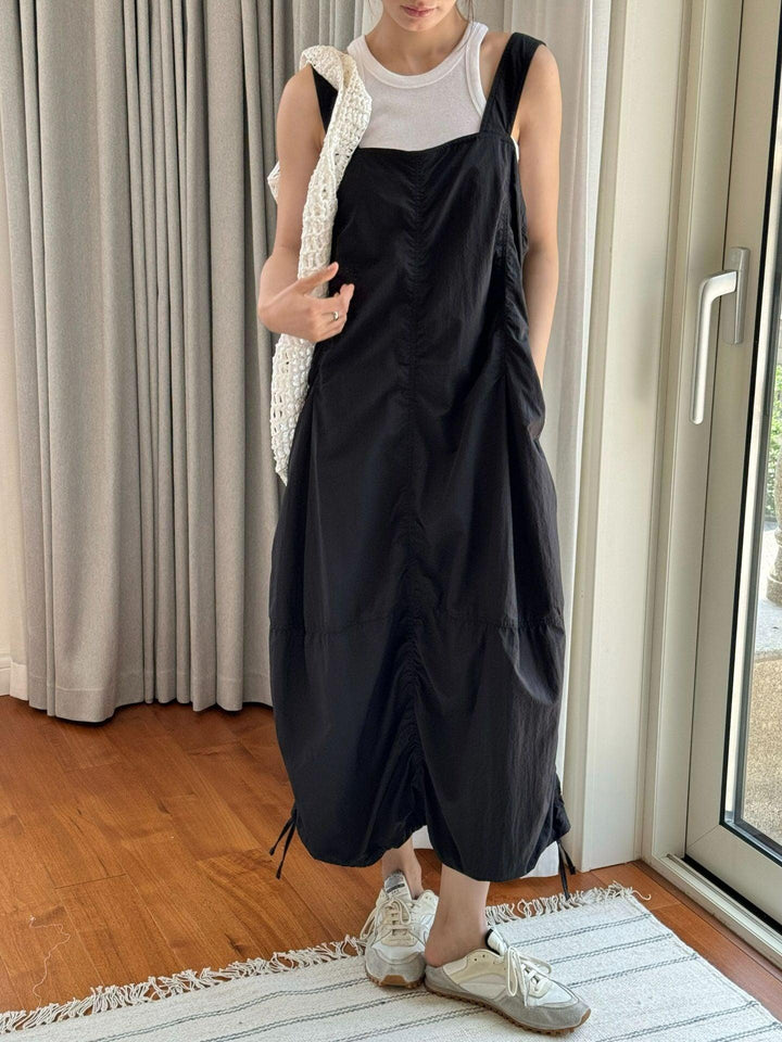 Summer casual drawstring pleated overalls dress workwear dress Thebesttailor