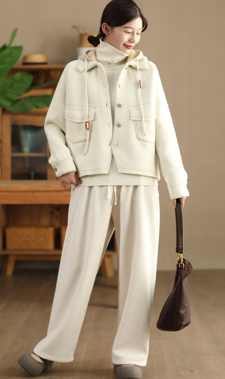 Casual short winter wool jacket with hood