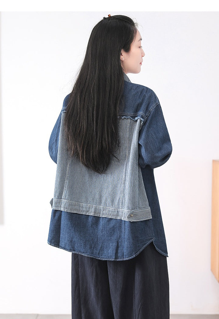 Women's Retro Striped Contrast Denim Shirt