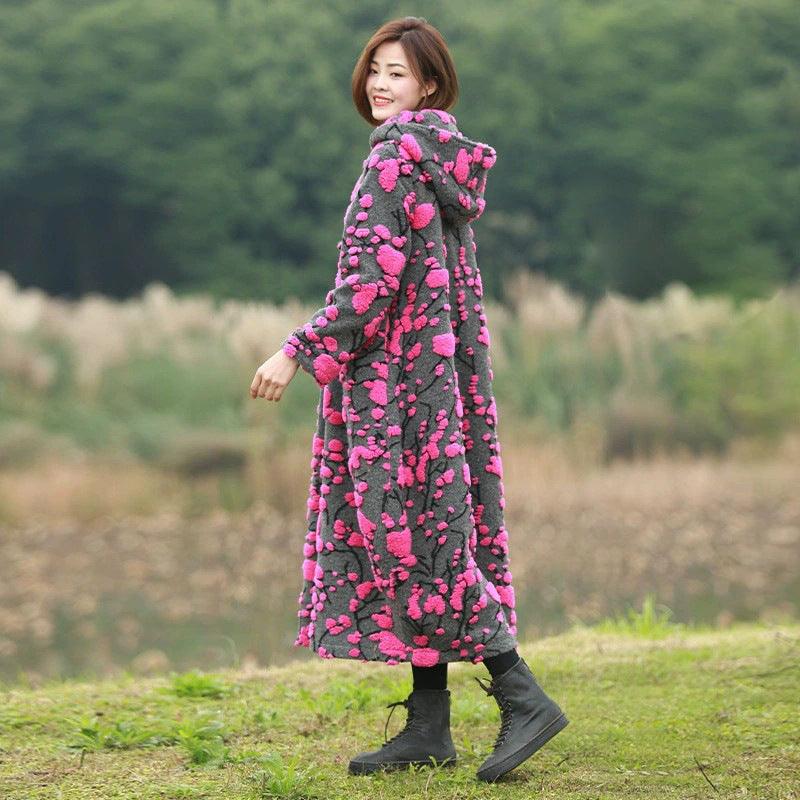 Retro Jacquard Wool Hooded Cardigan Coat for Women-Women's coat-Thebesttailor-Thebesttailor