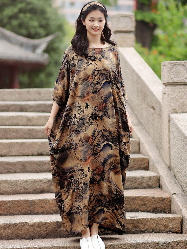 Retro Floral Cotton Half-Sleeved Maxi Dress for Women-Women's dress-Thebesttailor-Thebesttailor