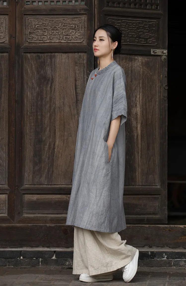 Long Sleeve Dress for Women Vintage Chic Linen Robe Dress by Thebesttailor