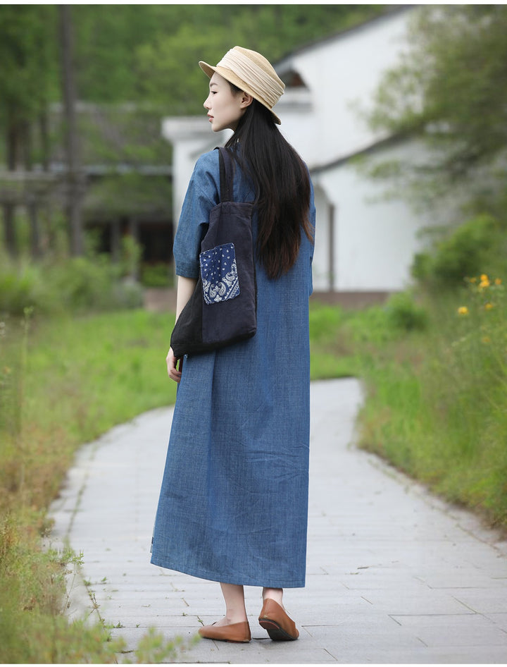 Blue Patchwork Cotton Midi Dress for Women Round Neck