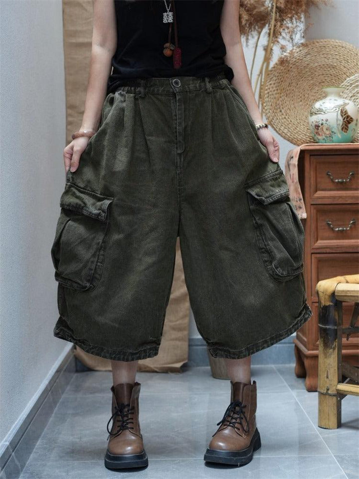 Stylish Large pockets loose casual overalls retro Stir-Fried Color jeans in high waist, perfect for summer wear.