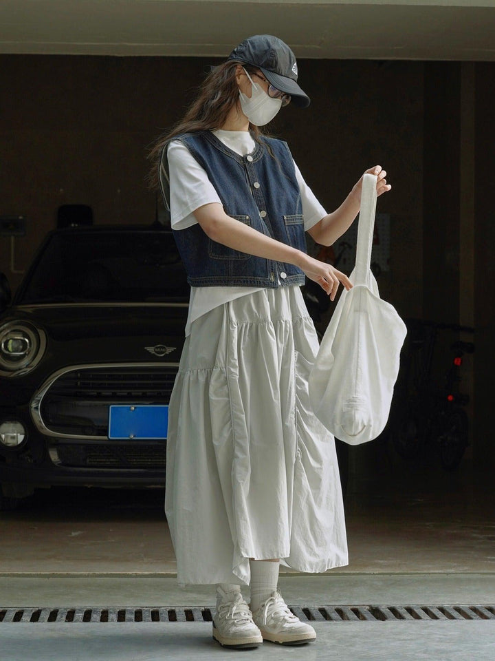Summer elastic waist, lightweight and breathable half length long skirt for women in pink, perfect for casual outings.