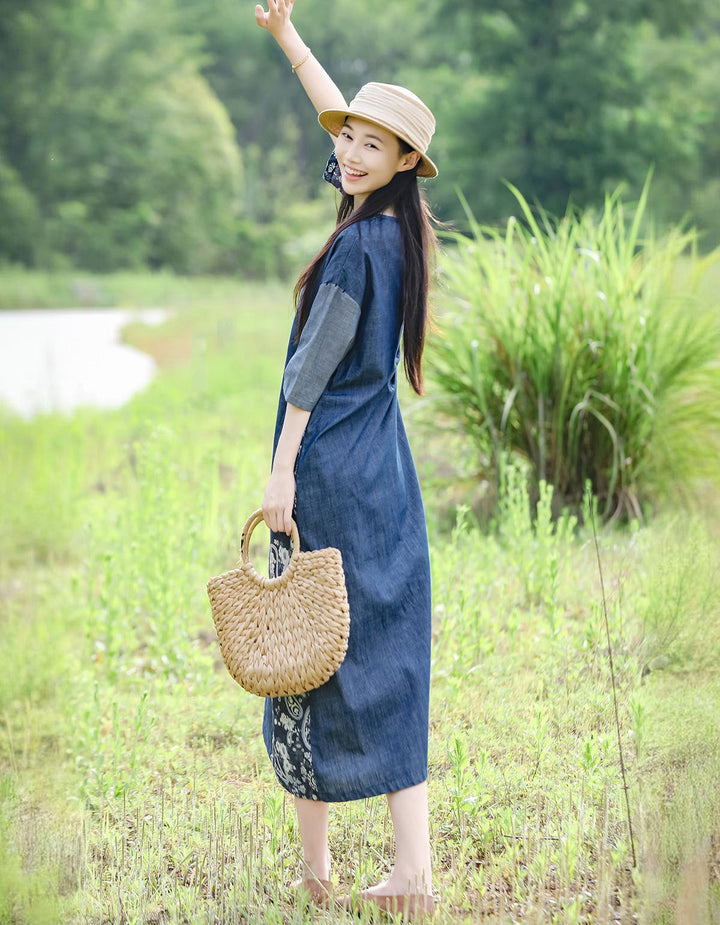 Blue Cotton Patchwork V Neck Maxi Dress For Women Casual