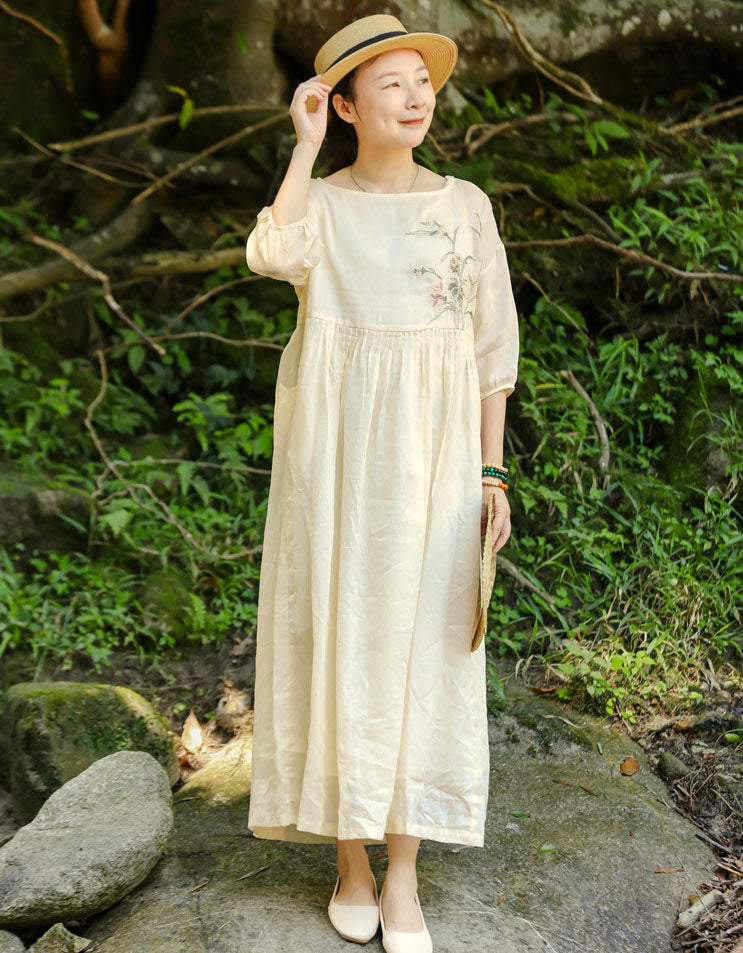 Linen Embroidery Round Neck High Waisted Summer Dresses