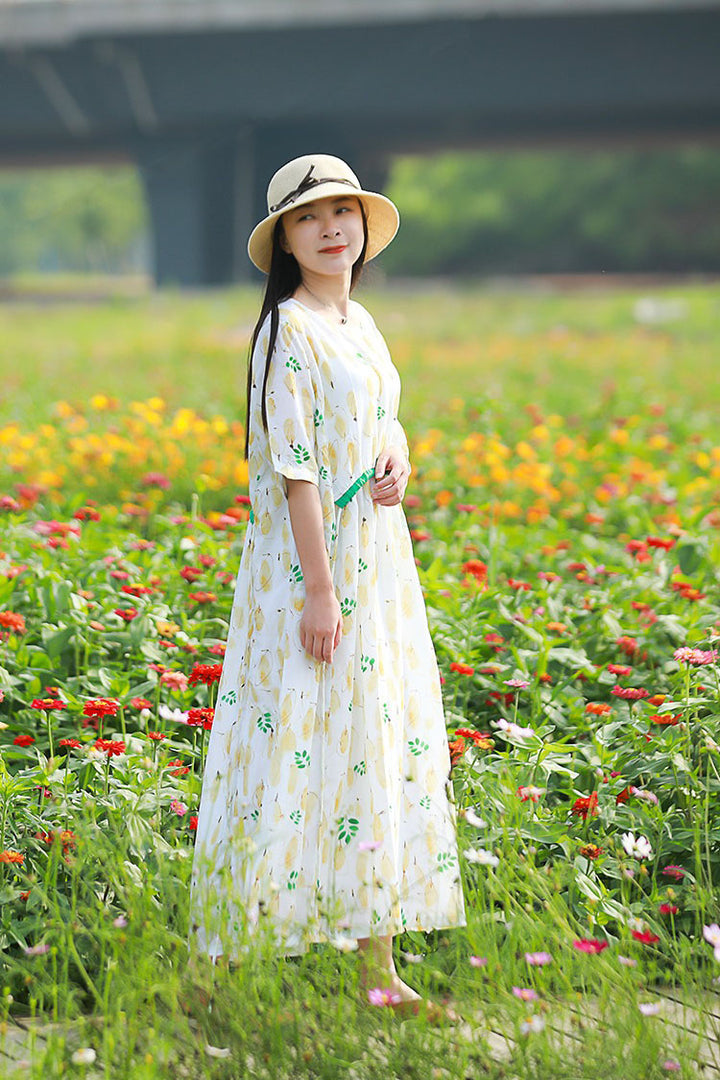Linen Floral Print Round Neck Oversized Maxi Dresses Women