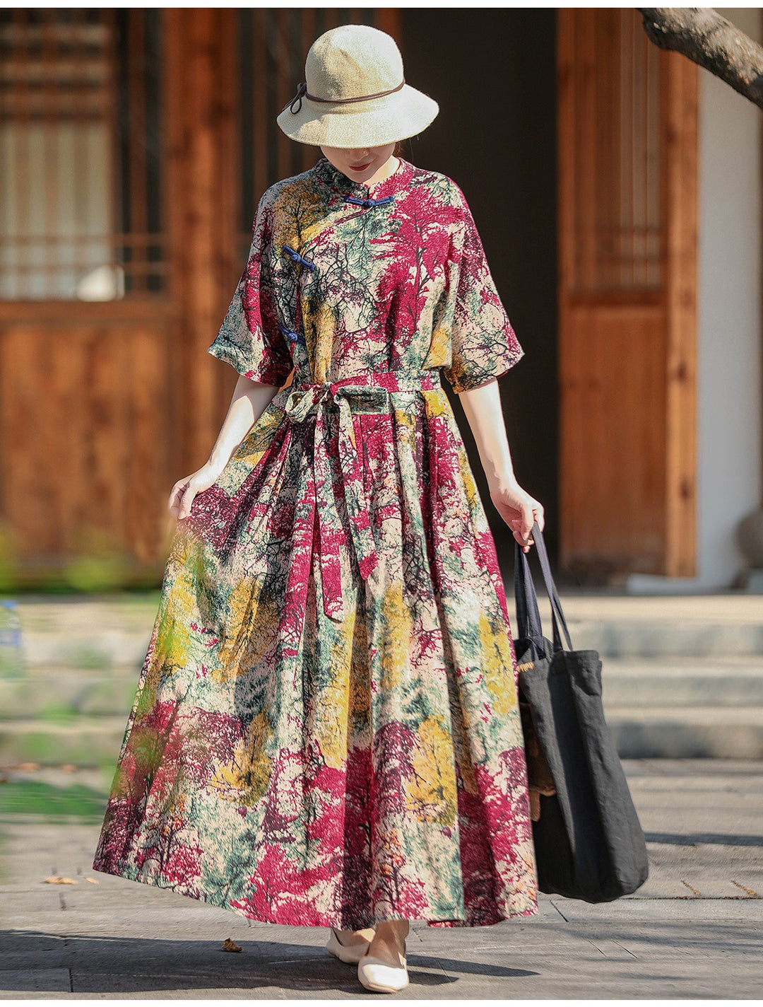 Chinese Style Retro Linen Floral Maxi Dress For Women