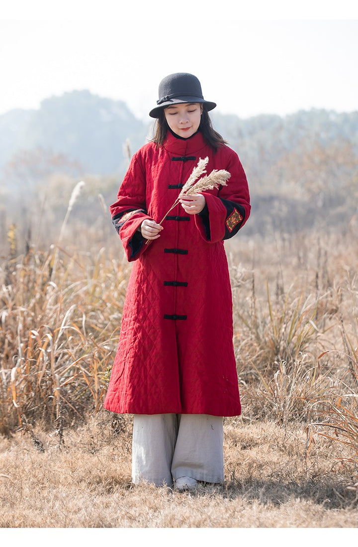 Vintage Chinese Quilted Linen Winter Coat Red Black