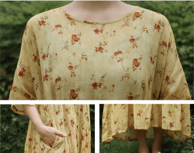 Long floral ramie bustier dress woman Boho Dresses for Women Summer featuring a round neck and half sleeves, perfect for summer.