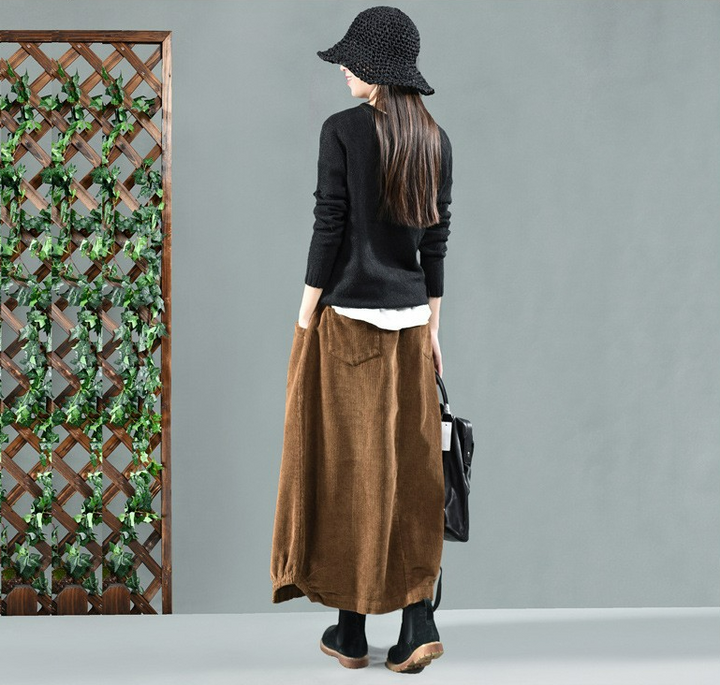Skirt Midi Women Spring Corduroy Skirt with Pockets