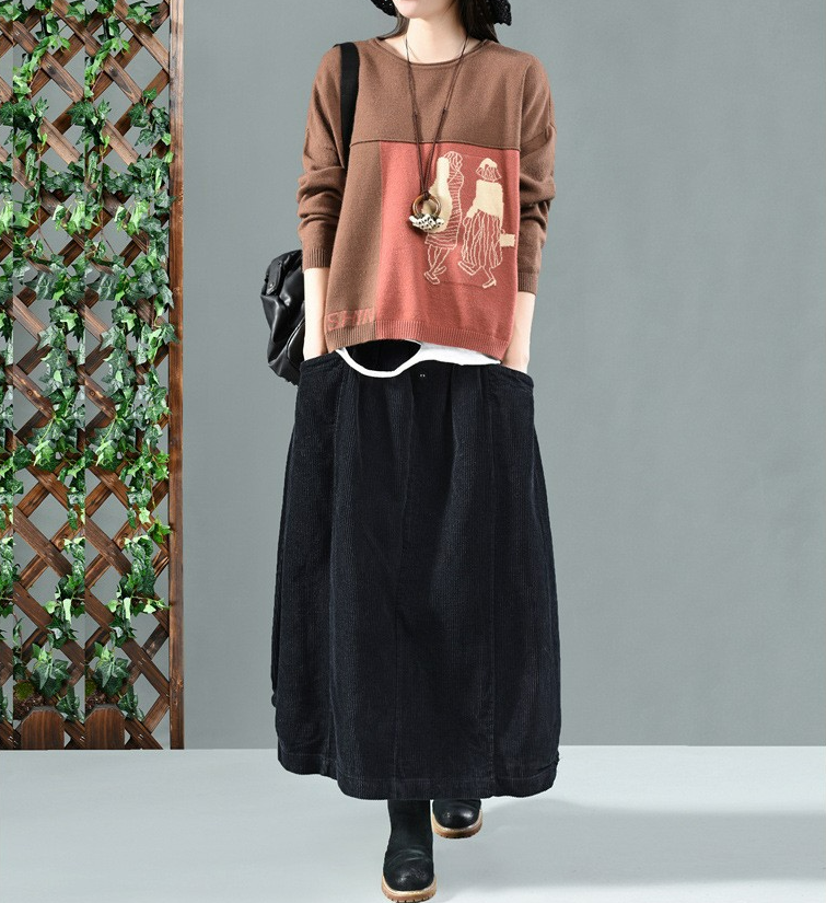 Skirt Midi Women Spring Corduroy Skirt with Pockets