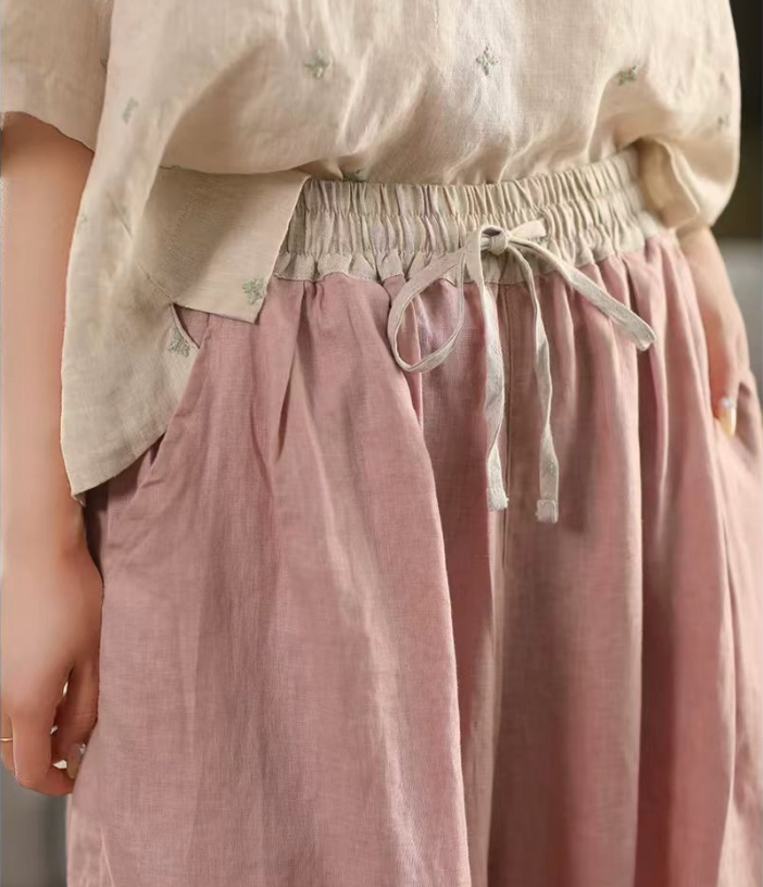 Linen Pleated Elastic Waist Loose Cropped Pants for Women