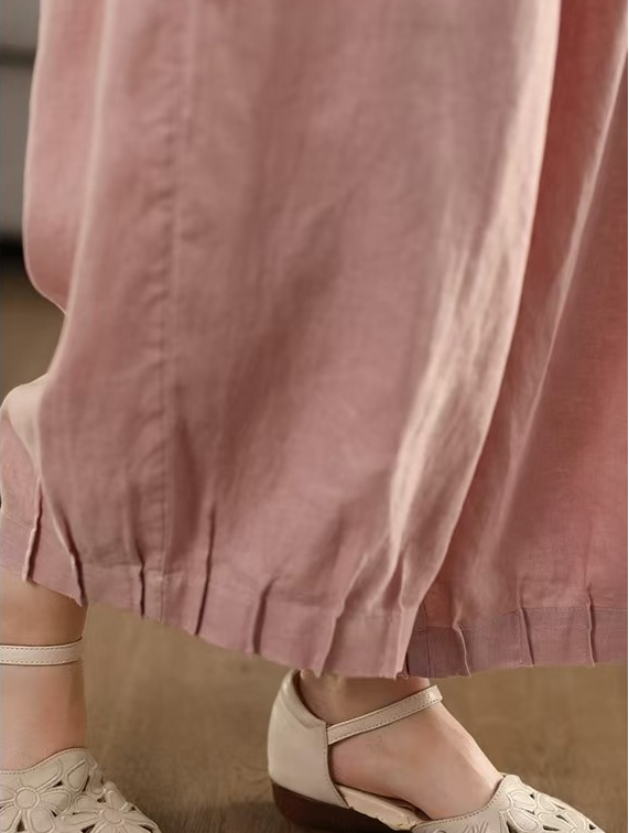 Linen Pleated Elastic Waist Loose Cropped Pants for Women