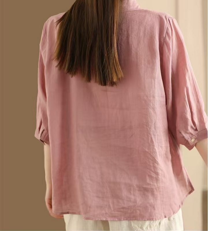 Loose Linen Shirt for Women with Half Sleeves and Lapel Collar
