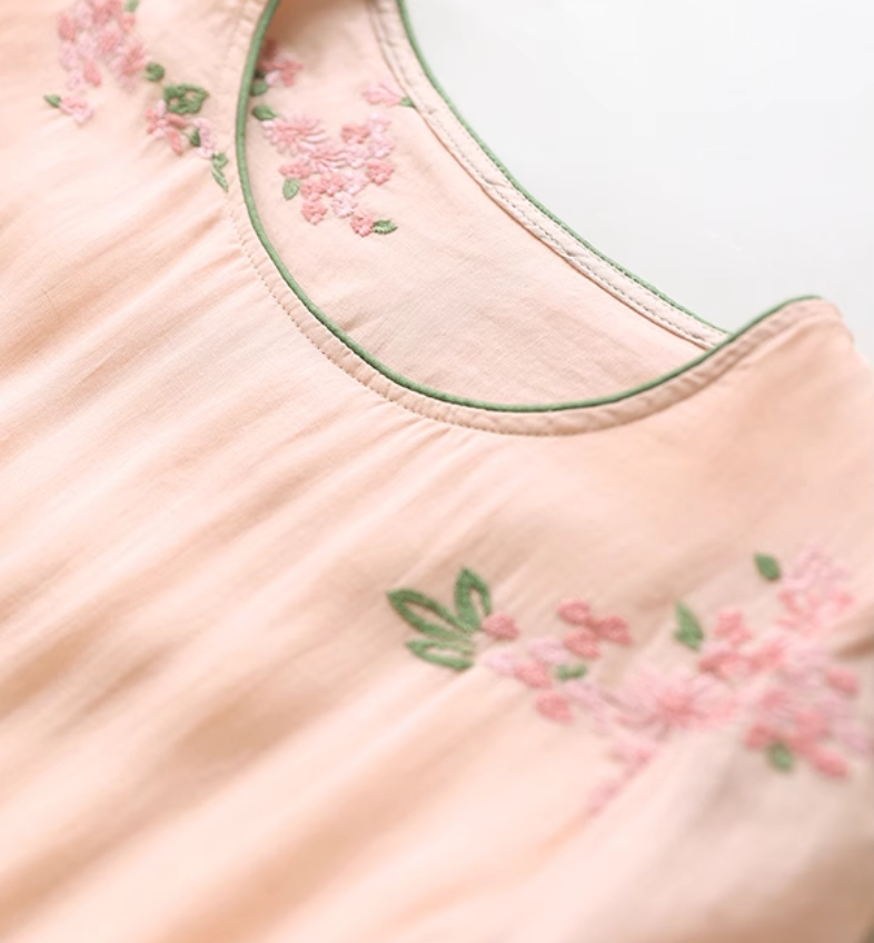 Summer Casual Ramie A-Line Half Sleeve Embroidery Oversized Dress