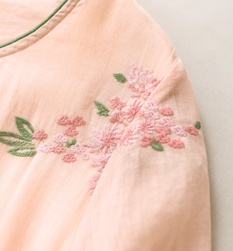 Summer Casual Ramie A-Line Half Sleeve Embroidery Oversized Dress