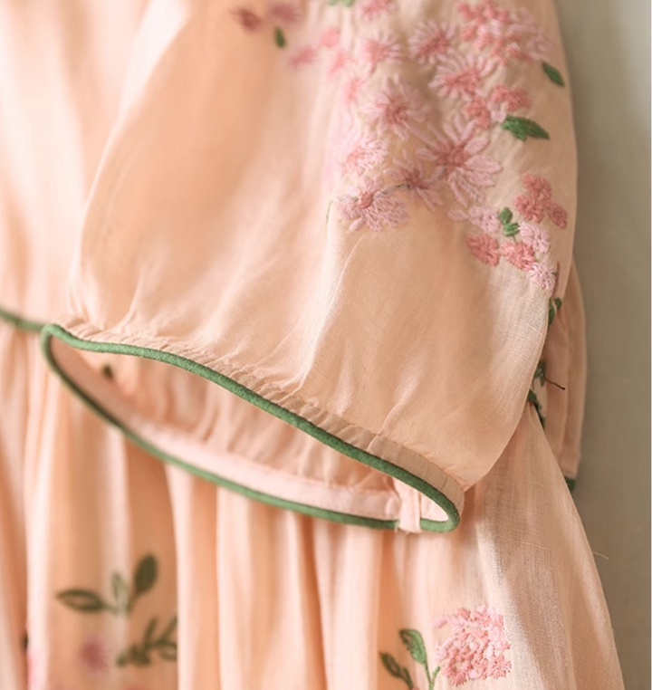Summer Casual Ramie A-Line Half Sleeve Embroidery Oversized Dress