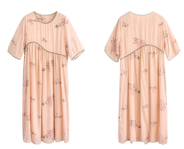 Summer Casual Ramie A-Line Half Sleeve Embroidery Oversized Dress