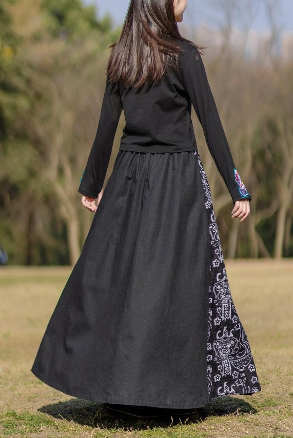Cotton And Linen boho Elastic Waist Wide Sleeve Maxi Skirt