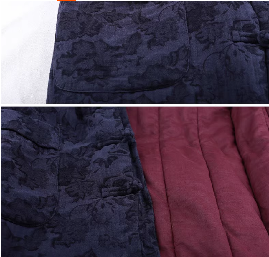 Vintage Linen Blue Jacquard Padded Coat