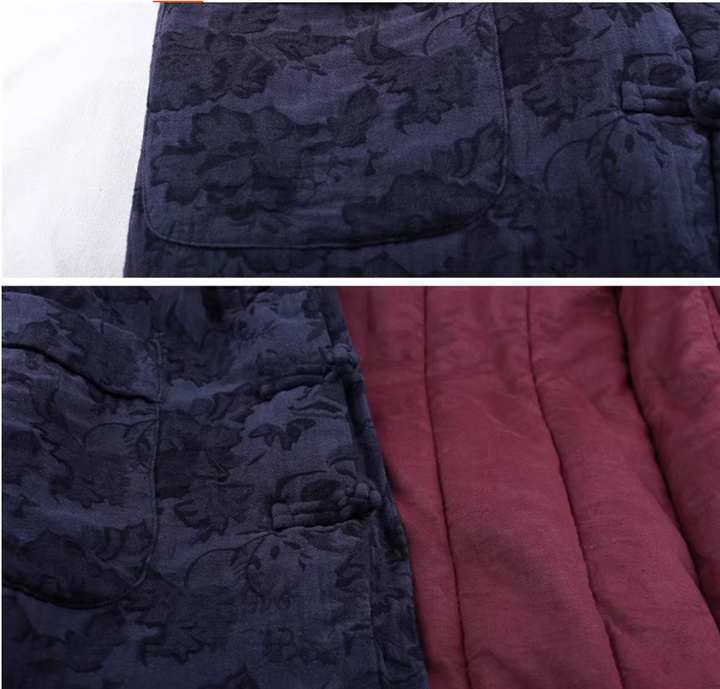 Vintage Linen Blue Jacquard Padded Coat