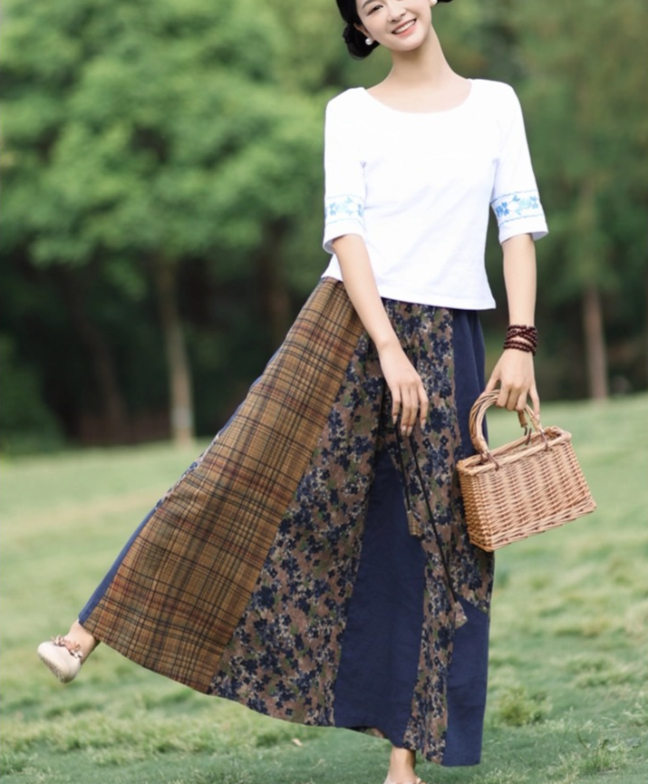 Cotton and Linen Elastic Waist Renaissance Swing Skirt