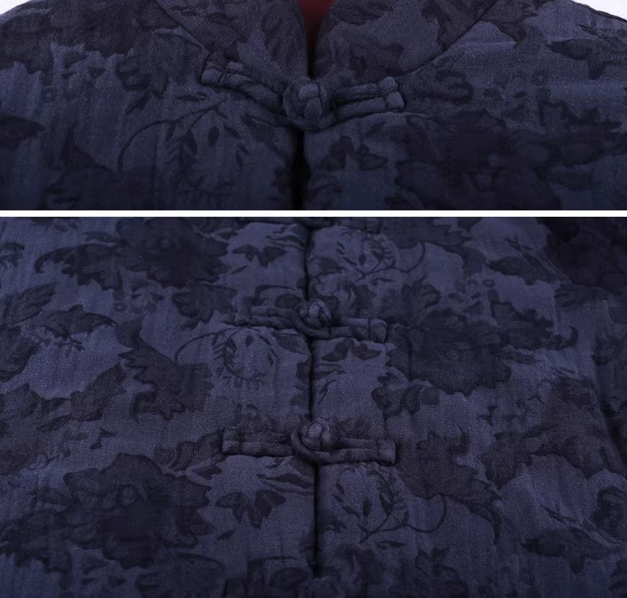 Vintage Linen Blue Jacquard Padded Coat