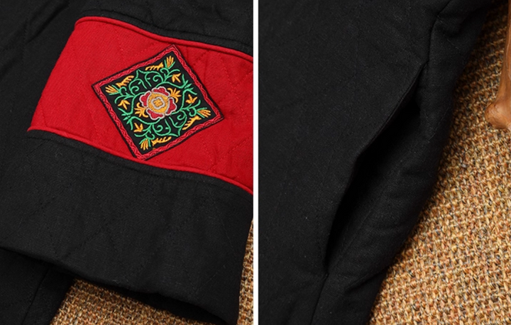 Vintage Chinese Quilted Linen Winter Coat Red Black