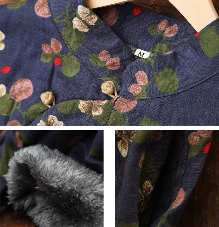Womens Cotton Floral Chinese Style Tie Waist Dress Navy