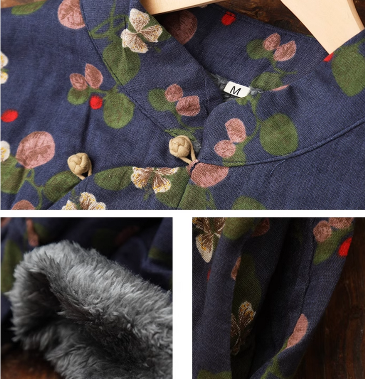 Womens Cotton Floral Chinese Style Tie Waist Dress Navy