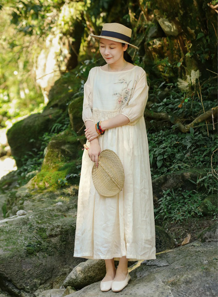 Linen Embroidery Round Neck High Waisted Summer Dresses