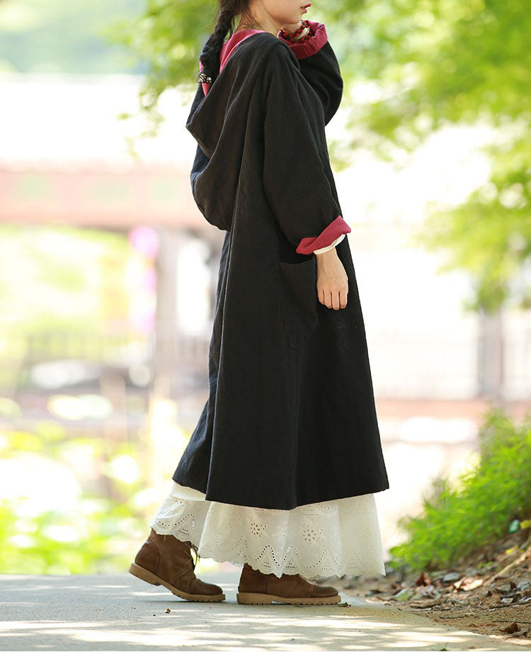 Black Linen Cotton Cardigan Hooded Long Coat For Women