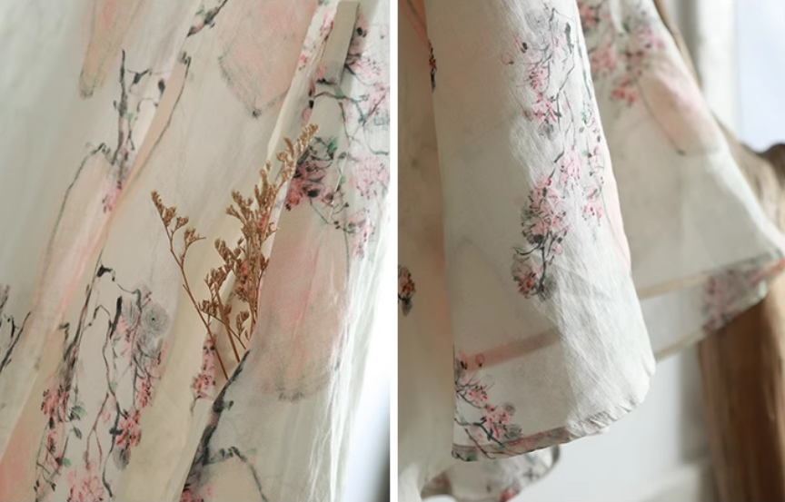 Linen Tie Drape Floral Dress With Pockets Long Sleeve