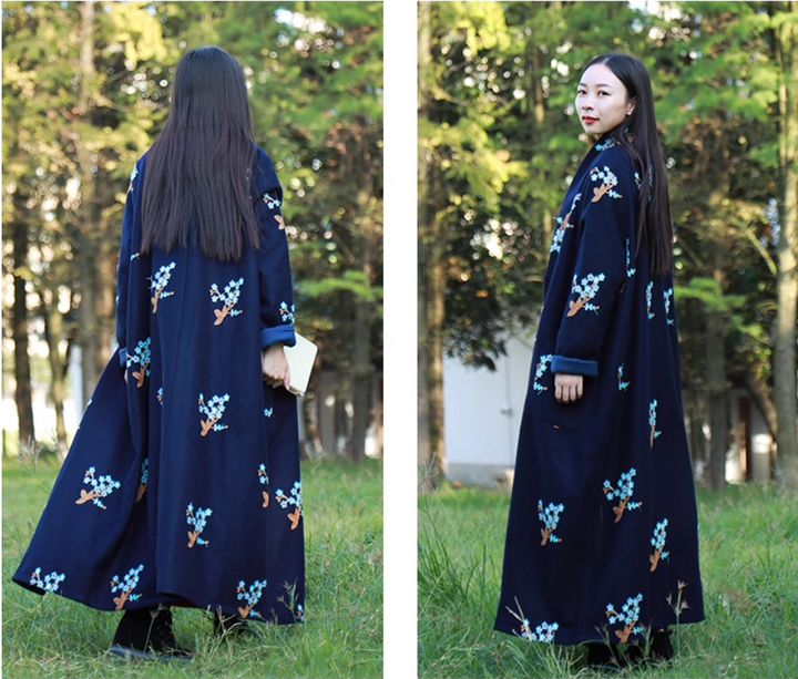 Womens Chinese Retro Floral Long Wool Coat Cardigan Style