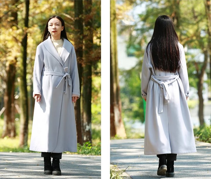 Winter Solid Color Wool Coat Lace Up Slim Fit With Belt by Thebesttailor